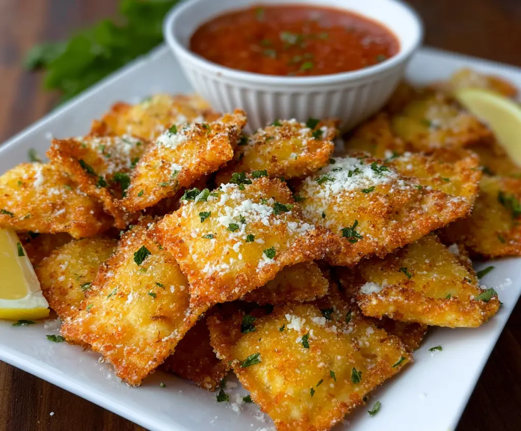 Golden crispy fried ravioli served with marinara sauce, perfect for a tasty appetizer.