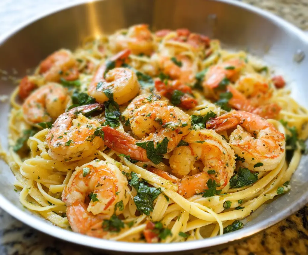 Creamy garlic butter shrimp pasta with fresh herbs and cherry tomatoes