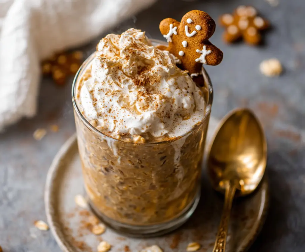 Creamy gingerbread overnight oats topped with spices and whipped cream, perfect for a cozy breakfast.