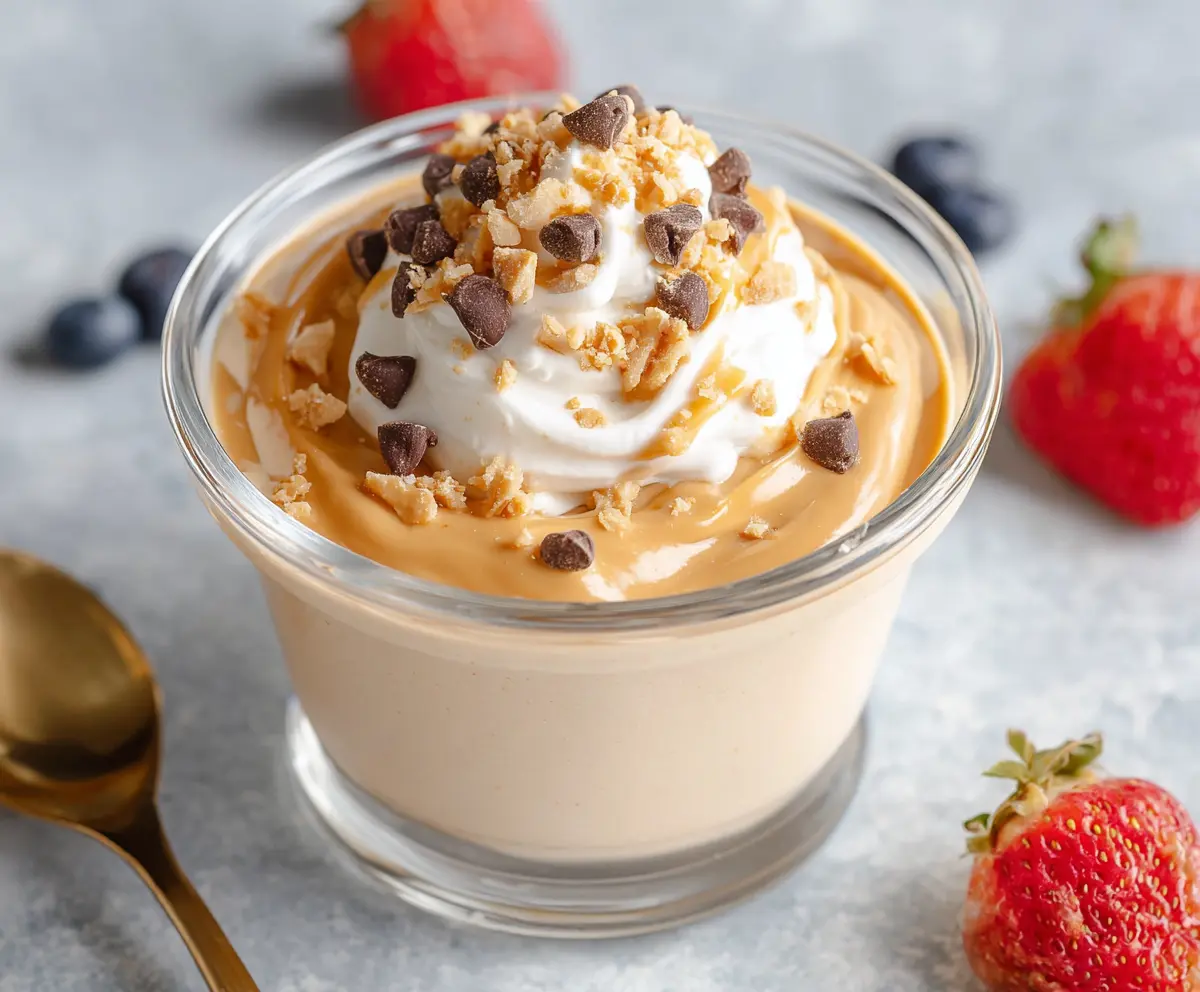 Creamy Greek yogurt and peanut butter protein pudding topped with nuts and berries.