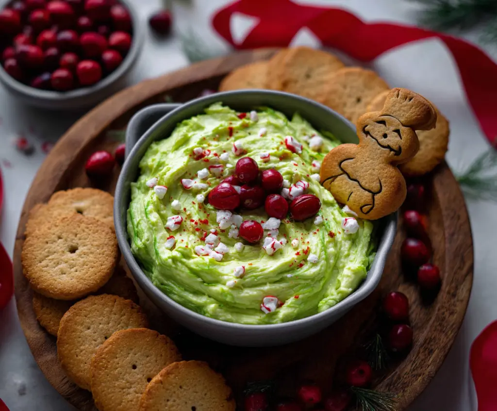 Delicious green Grinch-themed dip served in a festive bowl, perfect for holiday parties.