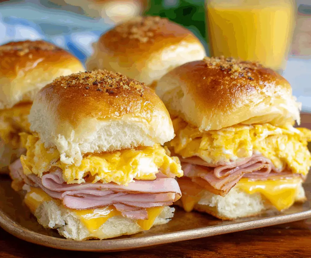 Delicious ham and cheese breakfast sliders served warm on a plate.