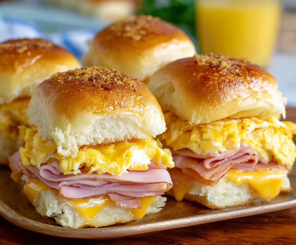 Delicious ham and cheese breakfast sliders served warm on a plate.
