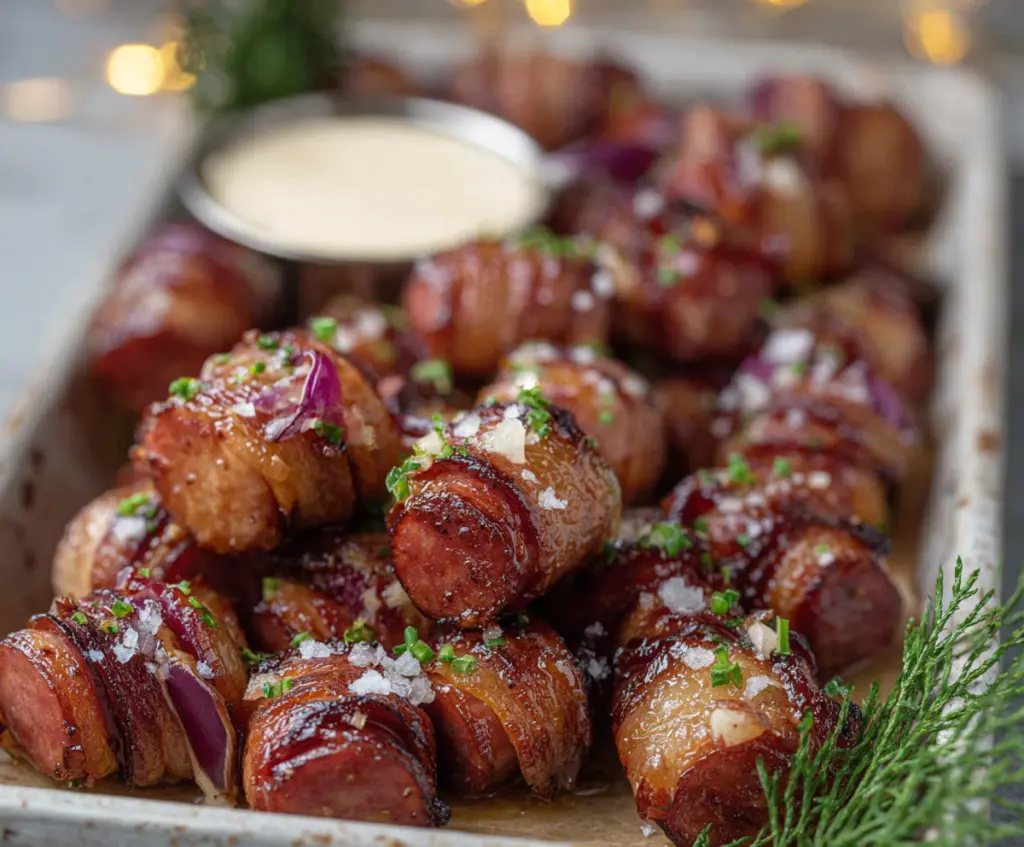 Delicious Hasselback Kielbasa Bites served on a plate with dipping sauce, perfect appetizer for parties.