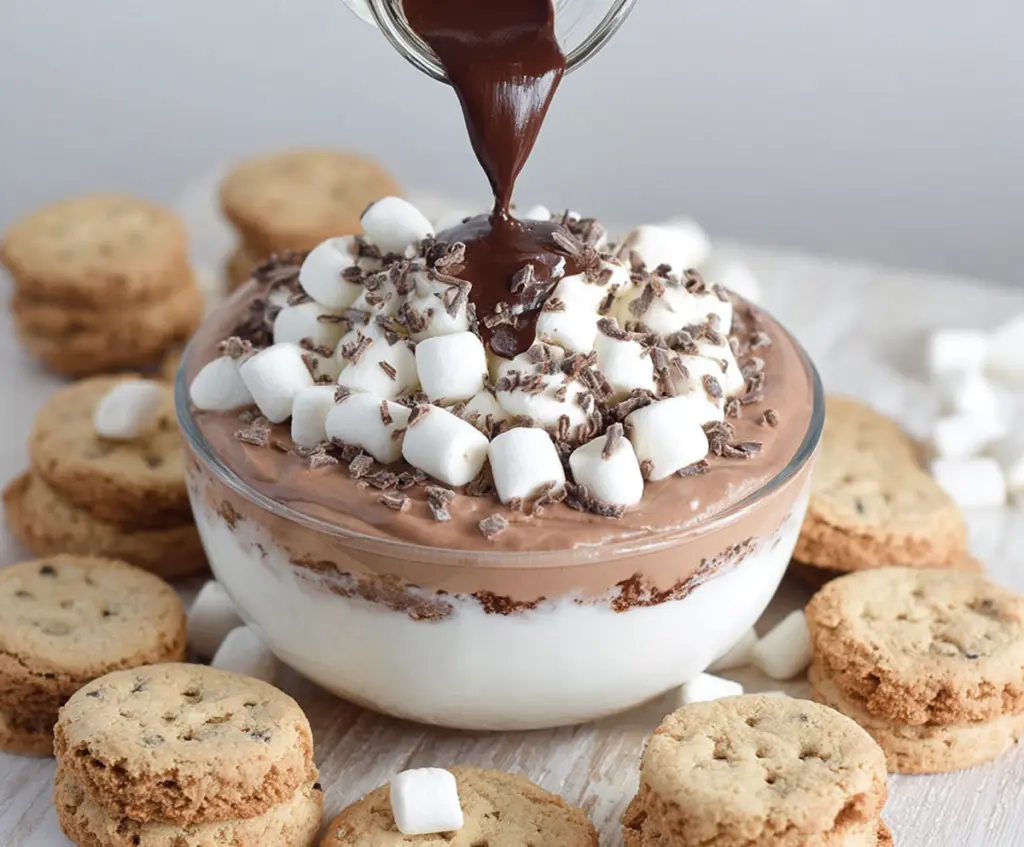 Creamy Hot Cocoa Cheesecake Dip served with chocolate cookies for a sweet dessert treat.