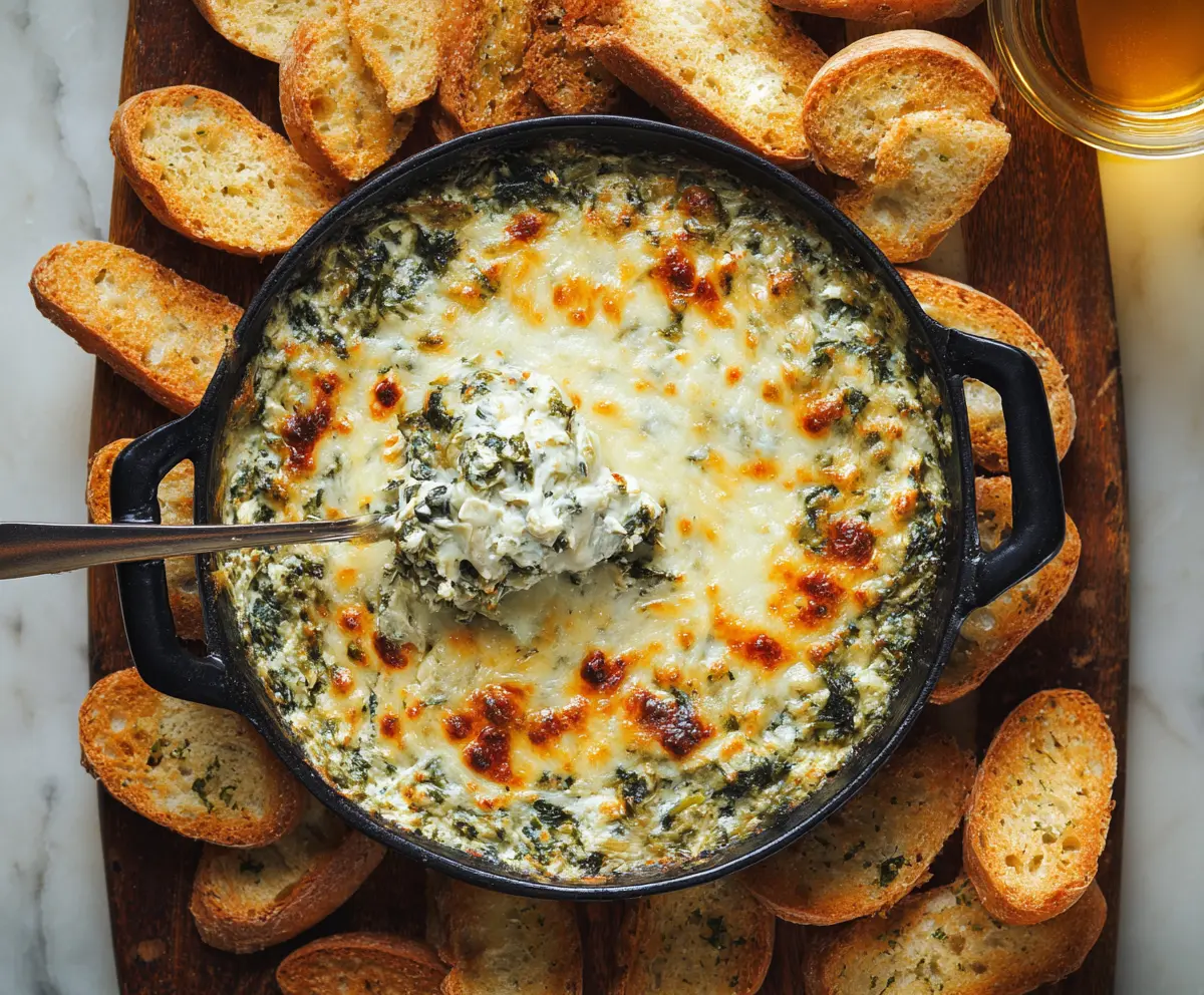 Creamy hot spinach artichoke dip served in a bowl with crusty bread for dipping.