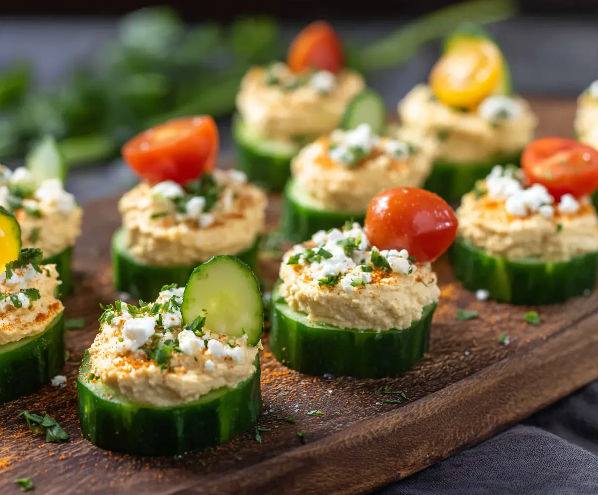 Delicious hummus cucumber bites appetizer, perfect for healthy snacking and party platters.