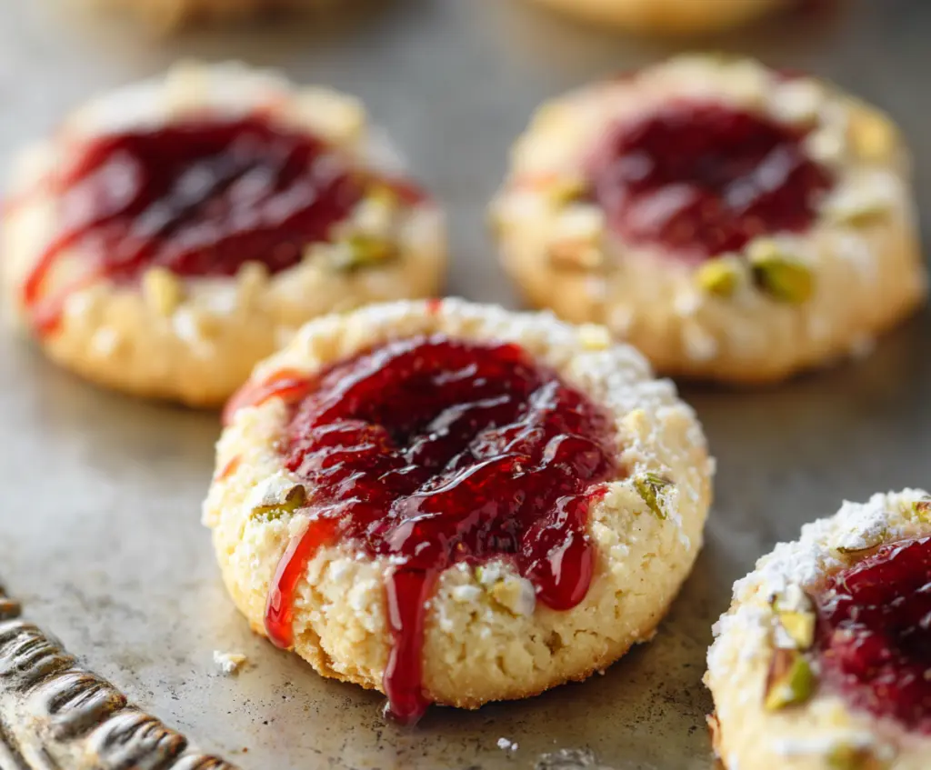 Delicious Italian Raspberry Thumbprint Cookies with a glossy raspberry filling and golden cookie crust.