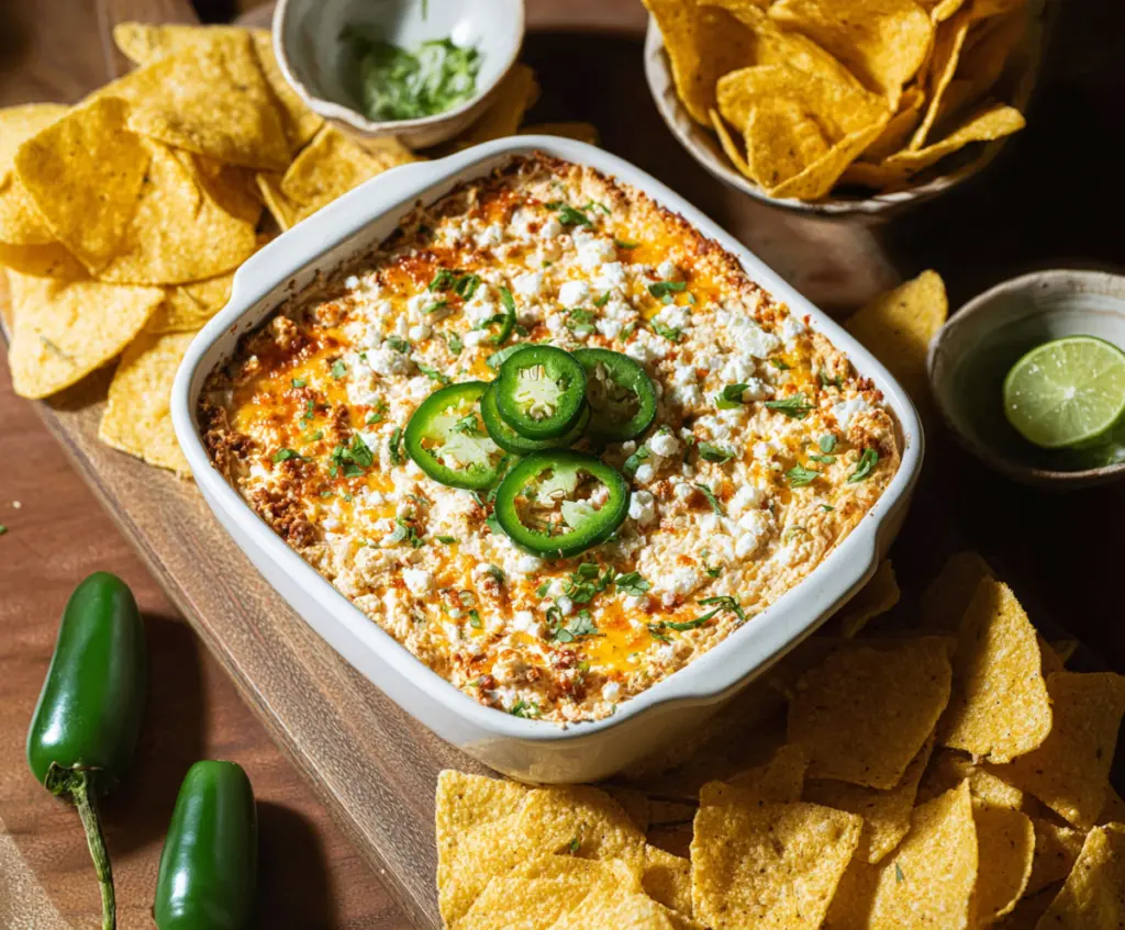 Creamy jalapeno popper protein dip with melted cheese and fresh jalapenos served in a bowl.