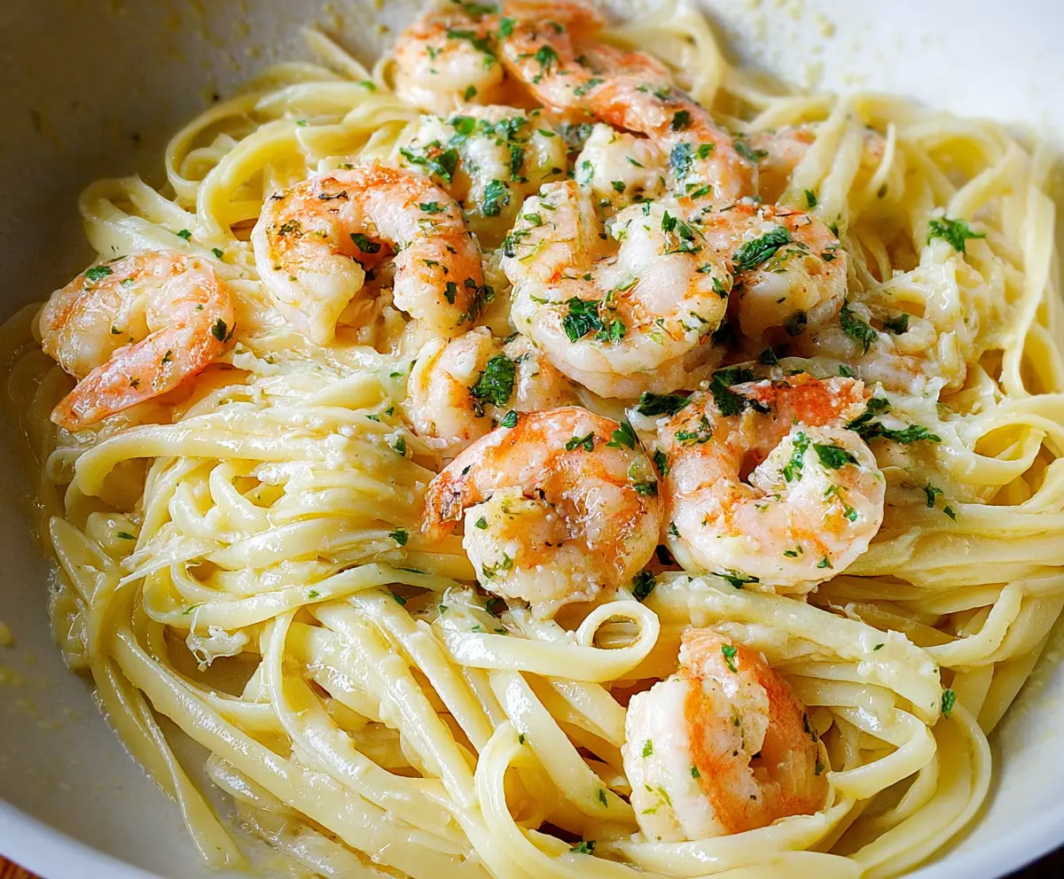 Delicious linguine shrimp scampi dish garnished with fresh herbs and lemon wedges.