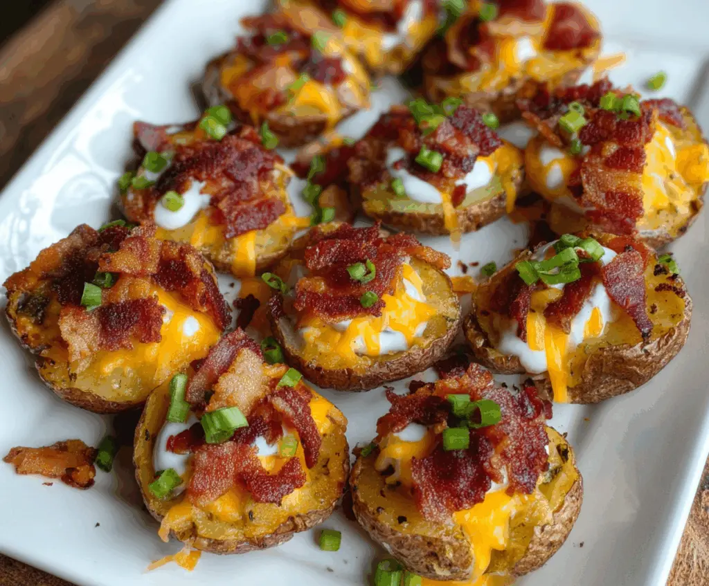Close-up of loaded mini potato bites topped with cheese, bacon, and green onions.