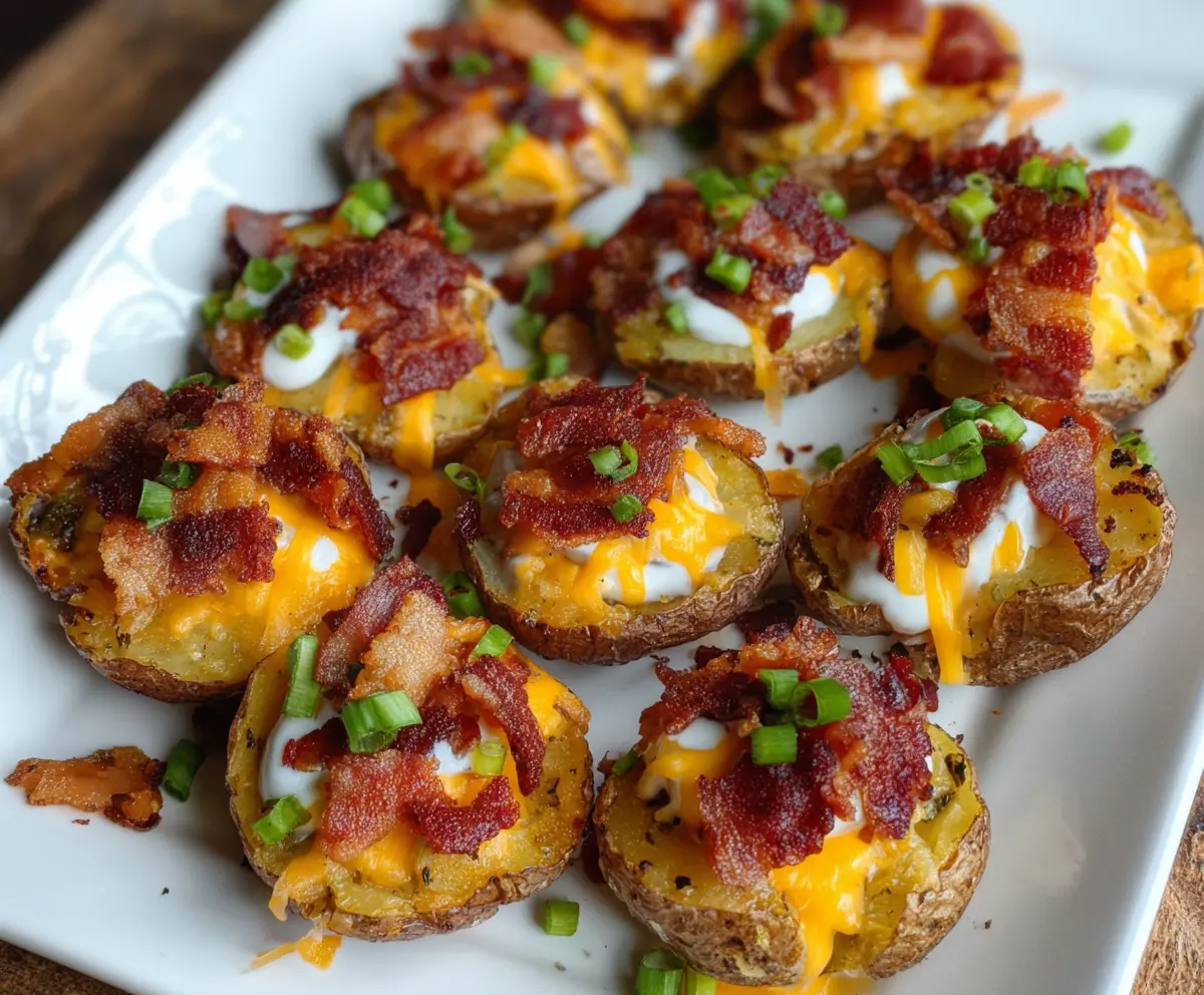 Close-up of loaded mini potato bites topped with cheese, bacon, and green onions.