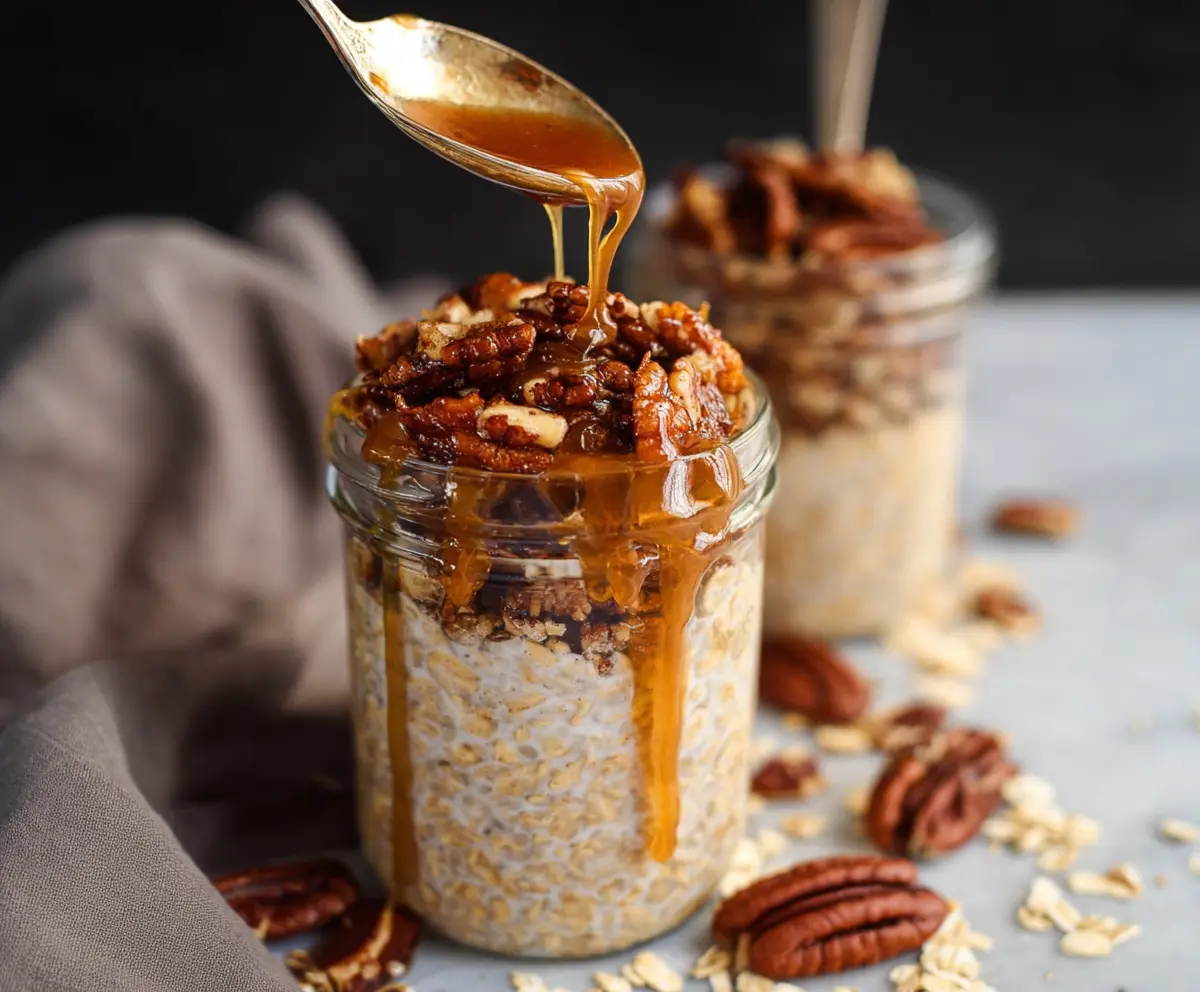 Creamy Maple Praline Overnight Oats topped with nuts and syrup for a delicious breakfast.