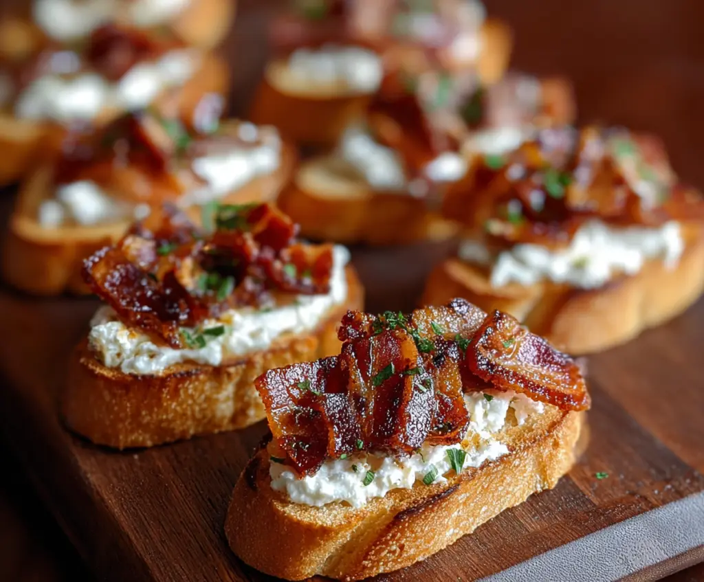 Crispy Million Dollar Bacon Crostini topped with melted cheese and herbs on a wooden serving board.