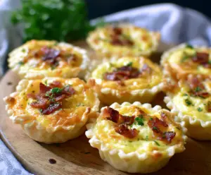 Delicious Mini Quiche Lorraine with golden crust and creamy filling on a rustic plate.