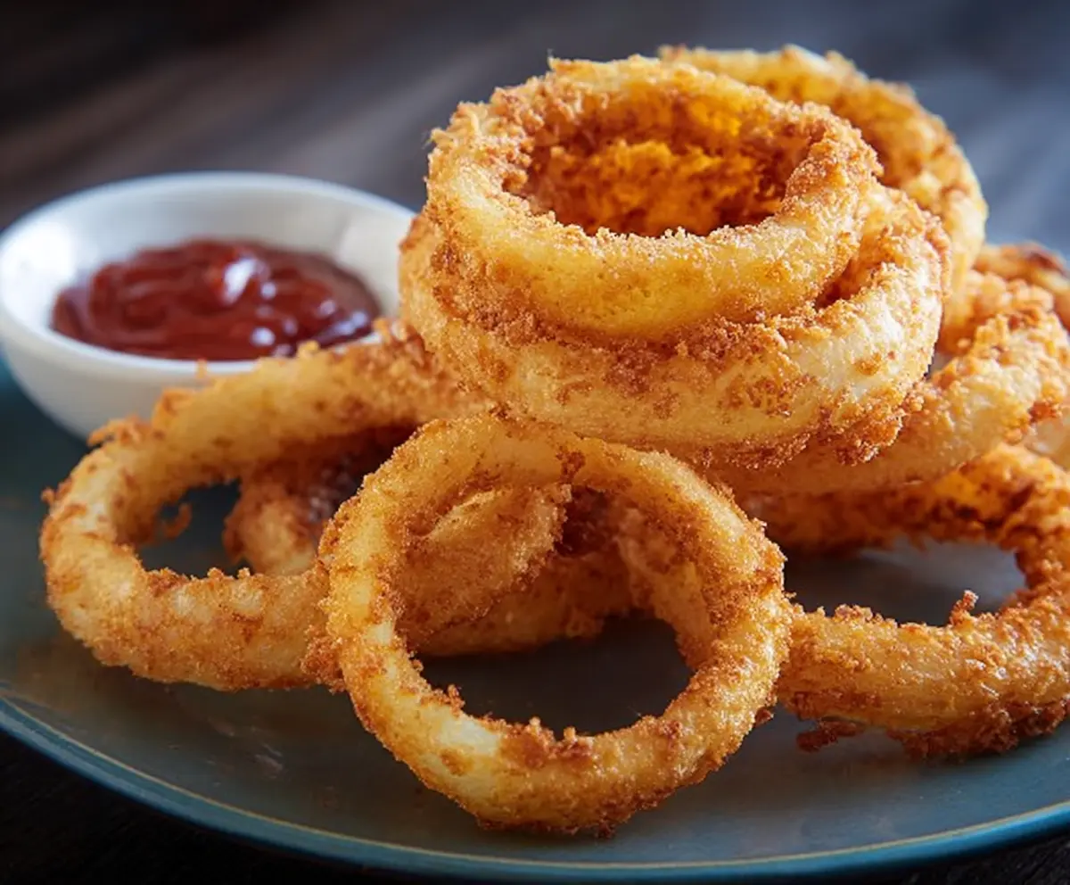 Crispy golden onion rings served with a side of dipping sauce on a white plate.