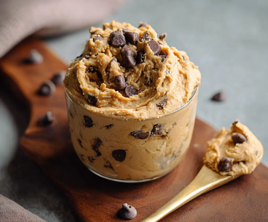 Healthy peanut butter chickpea protein cookie dough on a white background, high in plant-based protein.