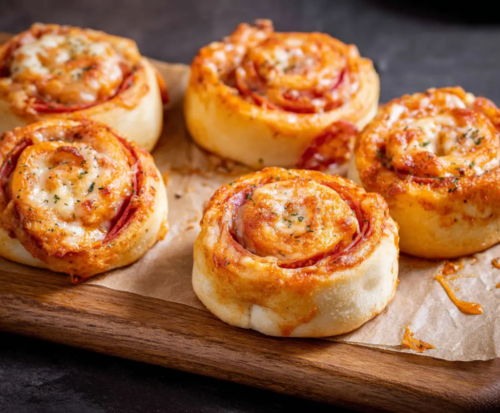 Delicious homemade pepperoni pinwheels with crispy golden outer layers and savory filling.