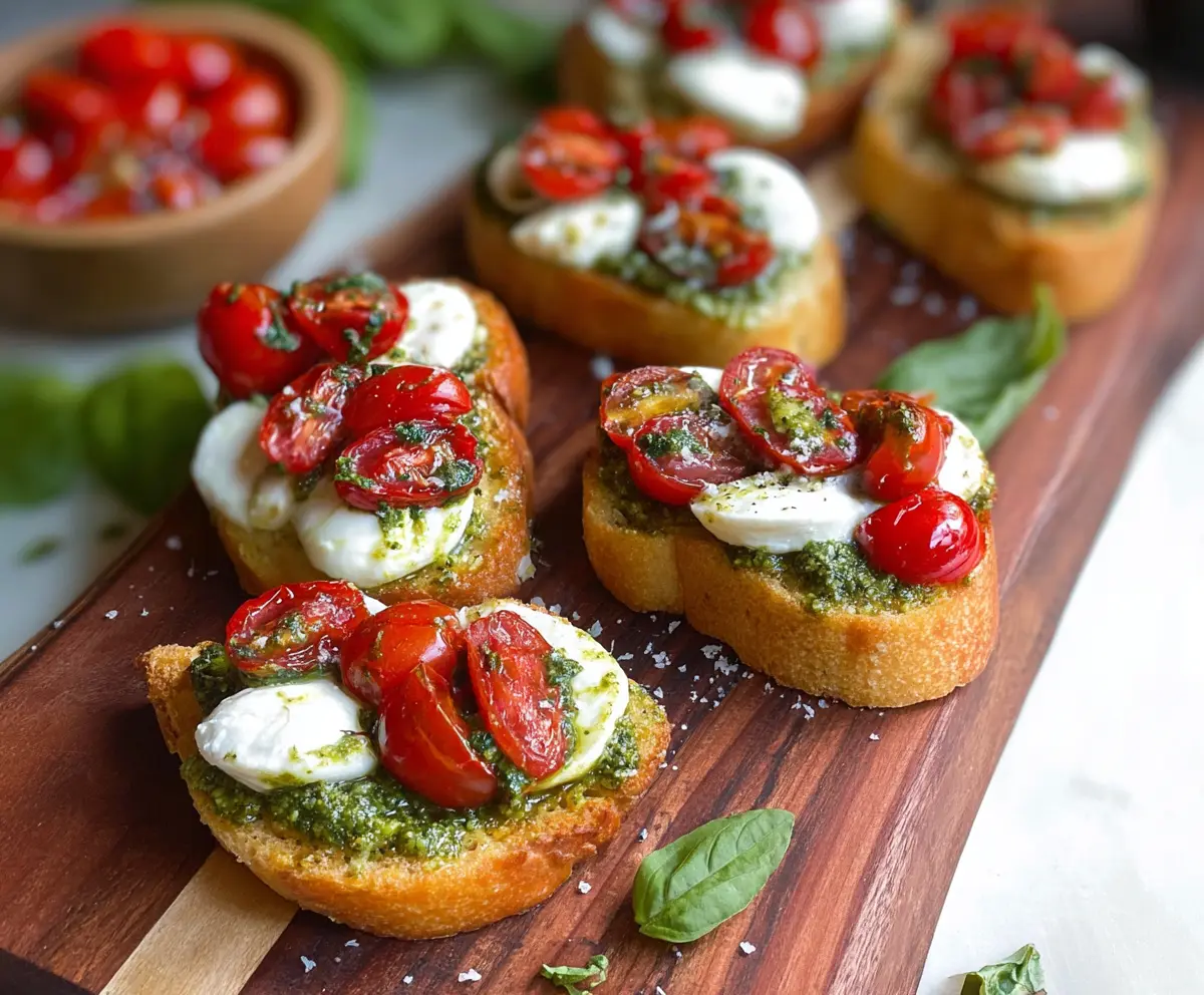 Delicious pesto tomato mozzarella crostini topped with fresh basil on a rustic wooden serving board.