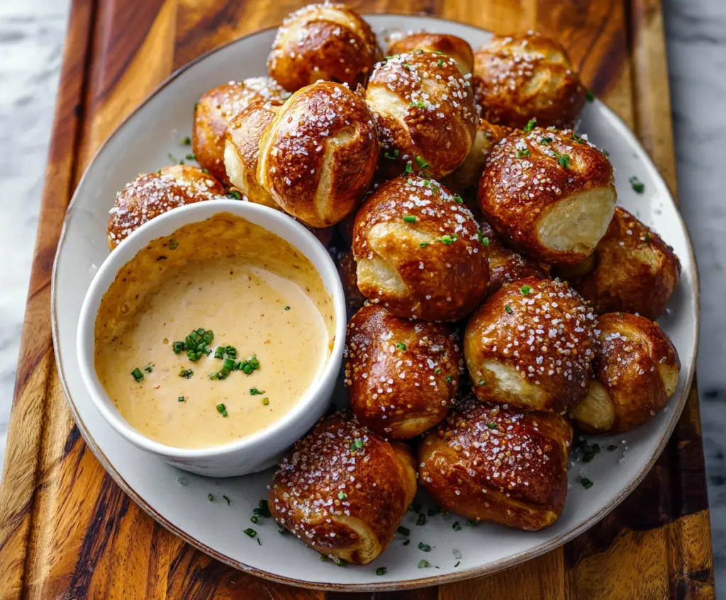 Delicious pretzel bites served with a creamy cheddar dip, perfect for snacking or parties.