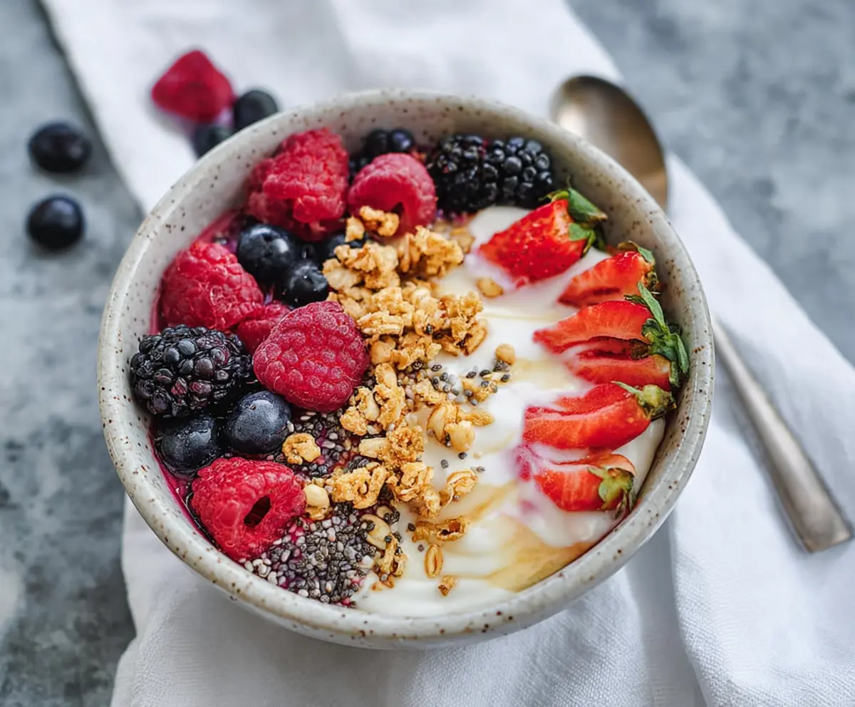 Healthy protein yogurt bowl topped with fresh fruits and nuts for a nutritious breakfast.