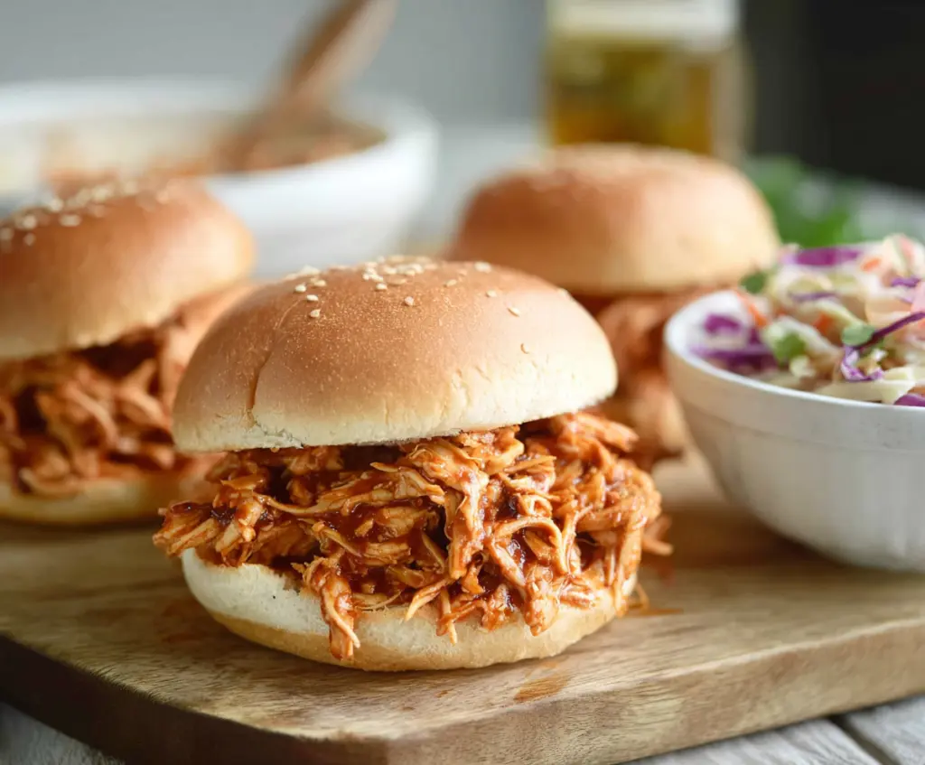 Delicious pulled chicken sandwiches with fresh toppings and buns on a wooden platter.