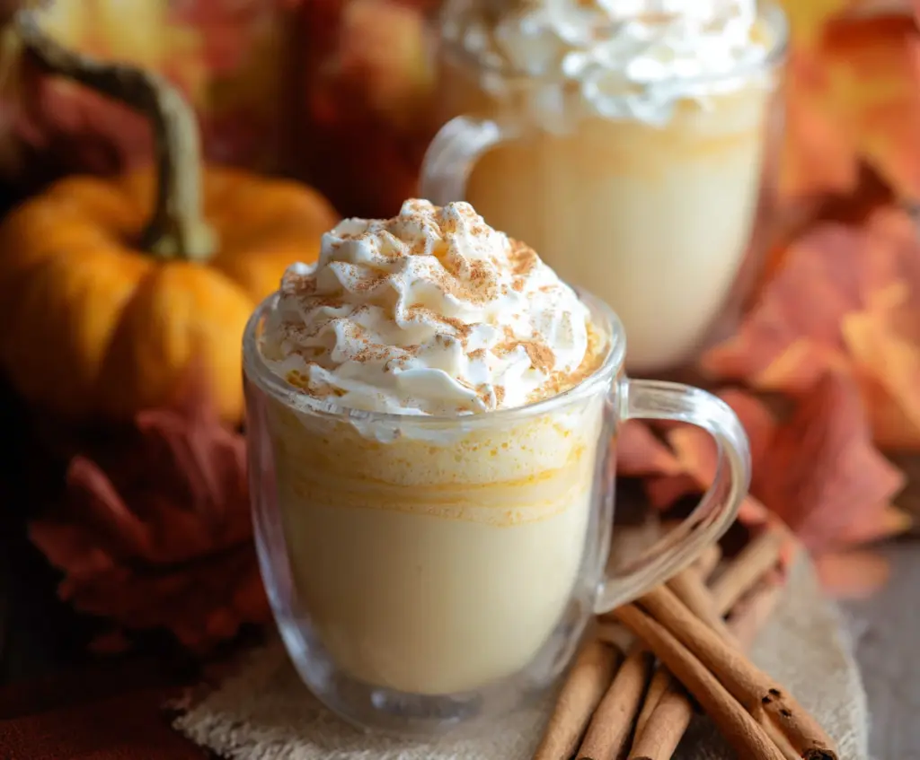 Creamy pumpkin white hot chocolate topped with whipped cream and cinnamon for a cozy fall treat.