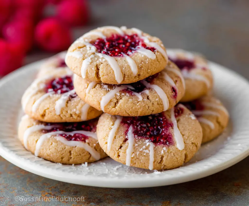 Delicious Raspberry Almond Butter Cookies on a plate with fresh raspberries and almonds