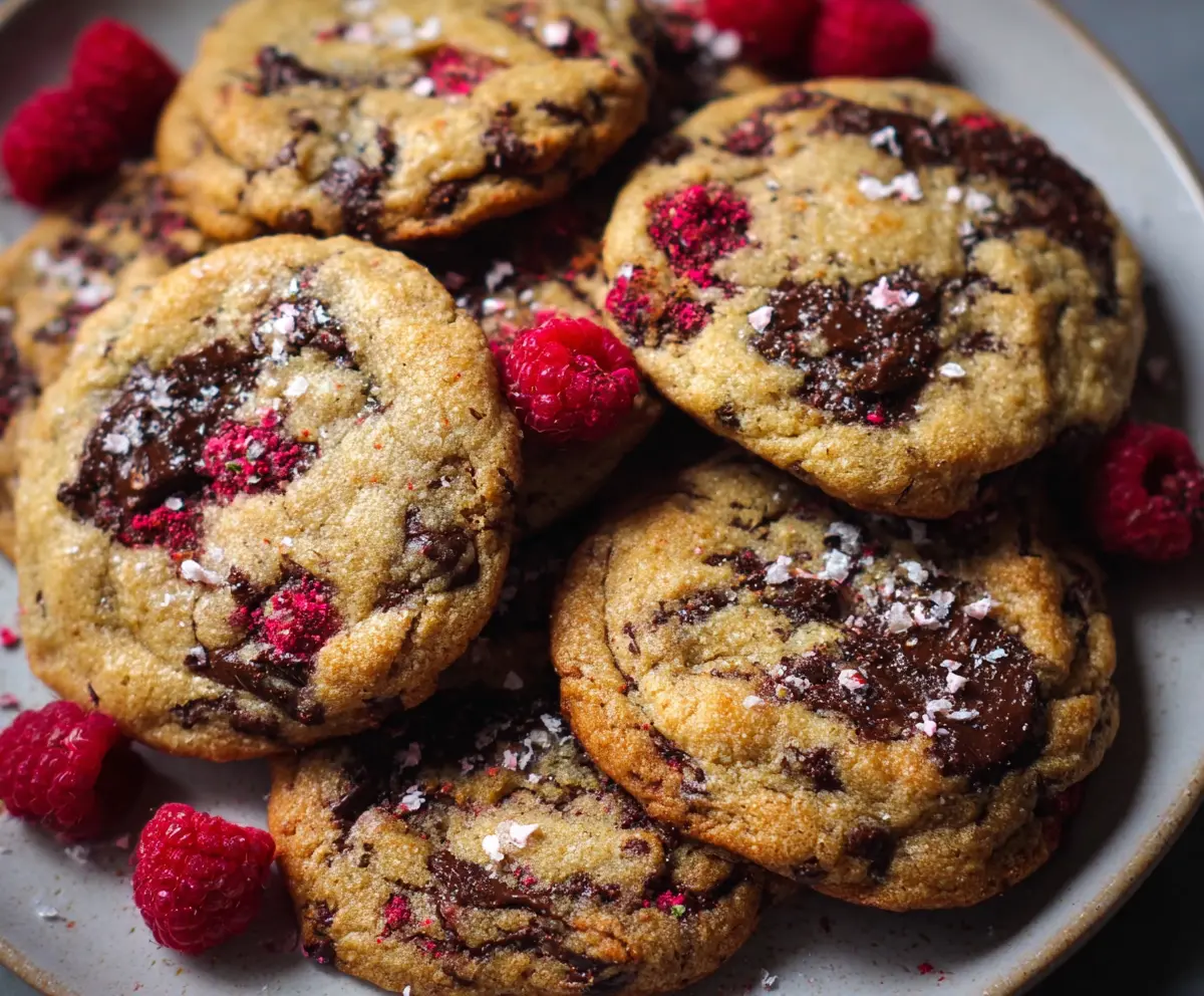 Delicious Raspberry and Chocolate Chip Cookies fresh out of the oven, showcasing a tempting mix of juicy berries and melted chocolate.