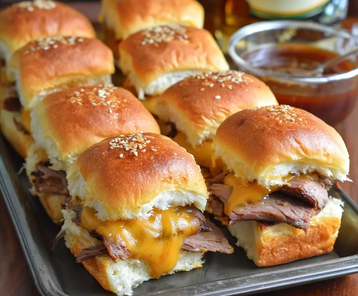 Delicious roast beef and cheddar sliders served on a platter for a savory appetizer.