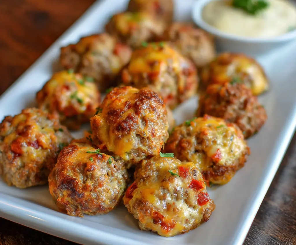 Delicious Rotel sausage balls with melted cream cheese on a platter