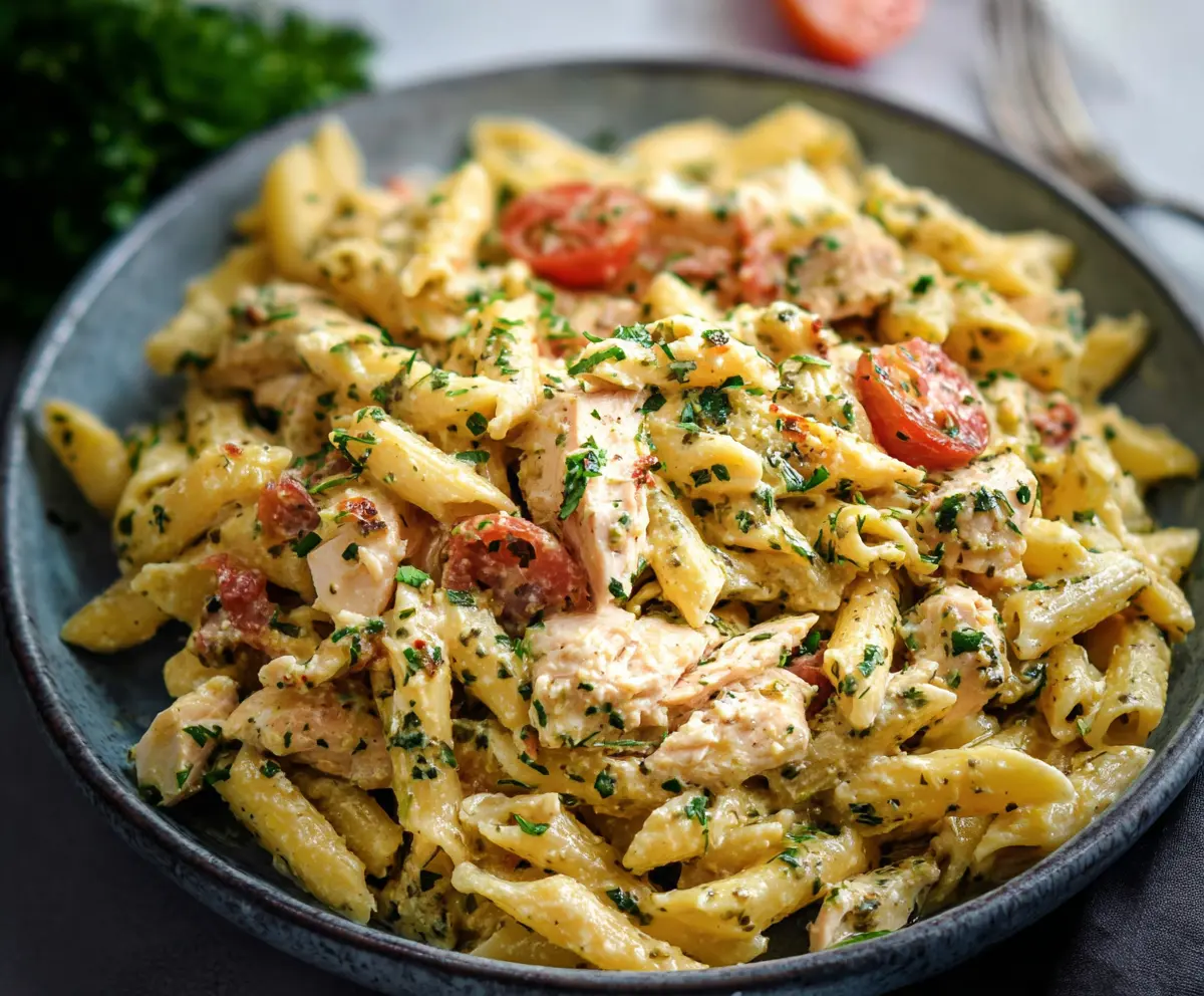 Delicious rotisserie chicken pasta served on a plate with fresh herbs