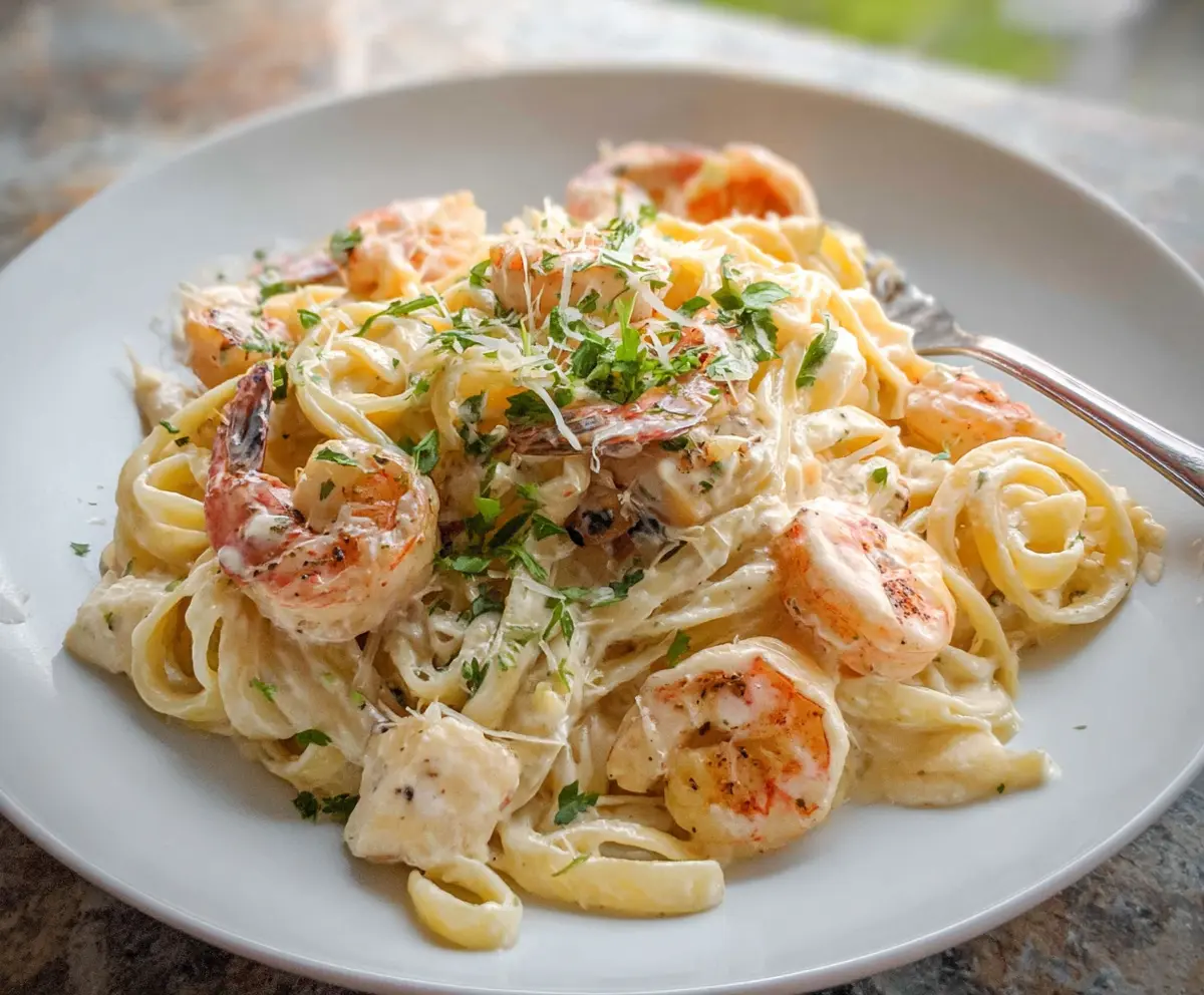 Creamy Seafood Alfredo Pasta with Shrimp and Crab in a rich sauce.