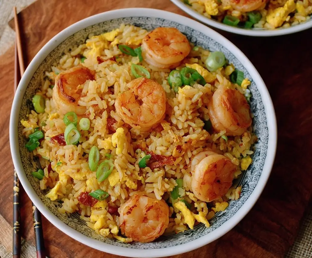 Delicious shrimp garlic fried rice served on a plate, garnished with fresh herbs.