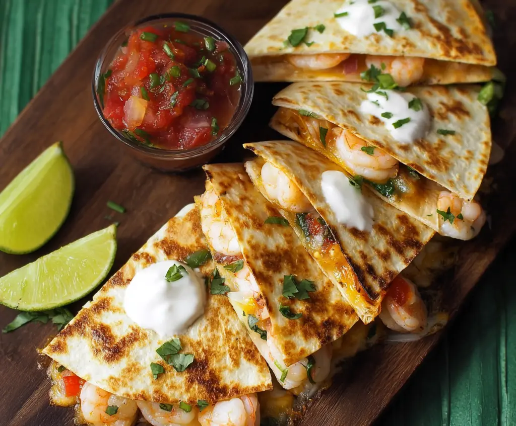 Delicious shrimp quesadillas with melted cheese and crispy tortilla layers.