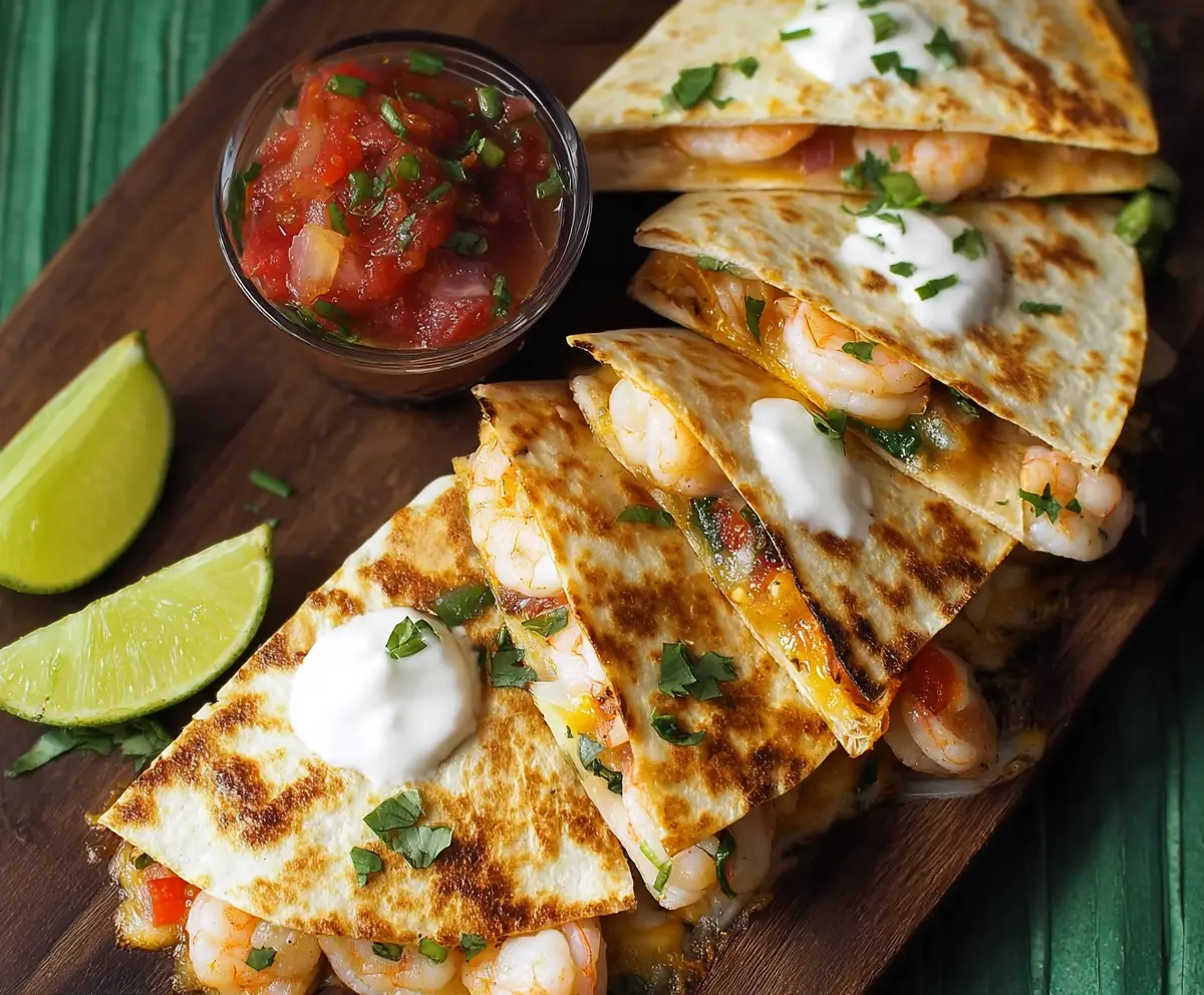 Delicious shrimp quesadillas with melted cheese and crispy tortilla layers.