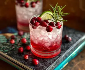 Refreshing Spiced Cranberry Gin and Tonic garnished with fresh cranberries and a sprig of rosemary.