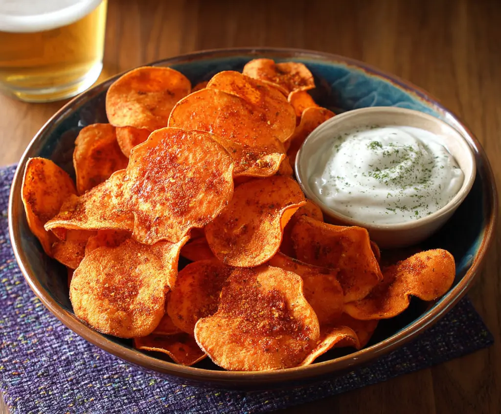 Crispy spicy sweet potato chips on a wooden platter, garnished with herbs
