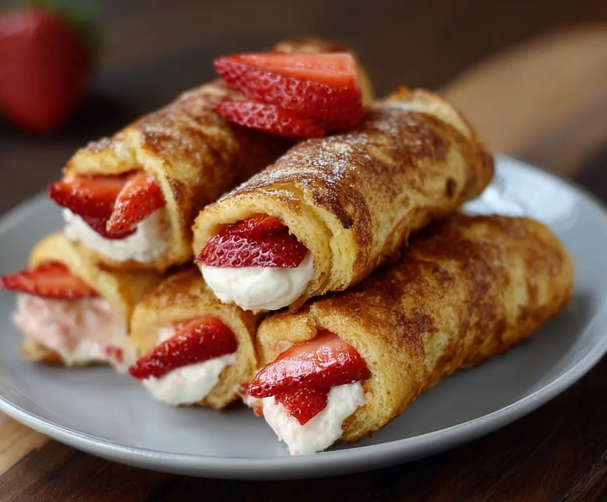 Delicious strawberry cream cheese roll ups with fresh strawberries and creamy filling on a white plate.