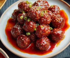 Delicious sweet and spicy meatballs served on a plate, perfect for appetizers or main dishes.