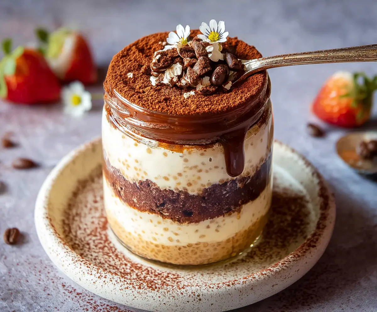 Delicious Tiramisu Overnight Oats in a glass jar topped with cocoa powder and coffee beans.