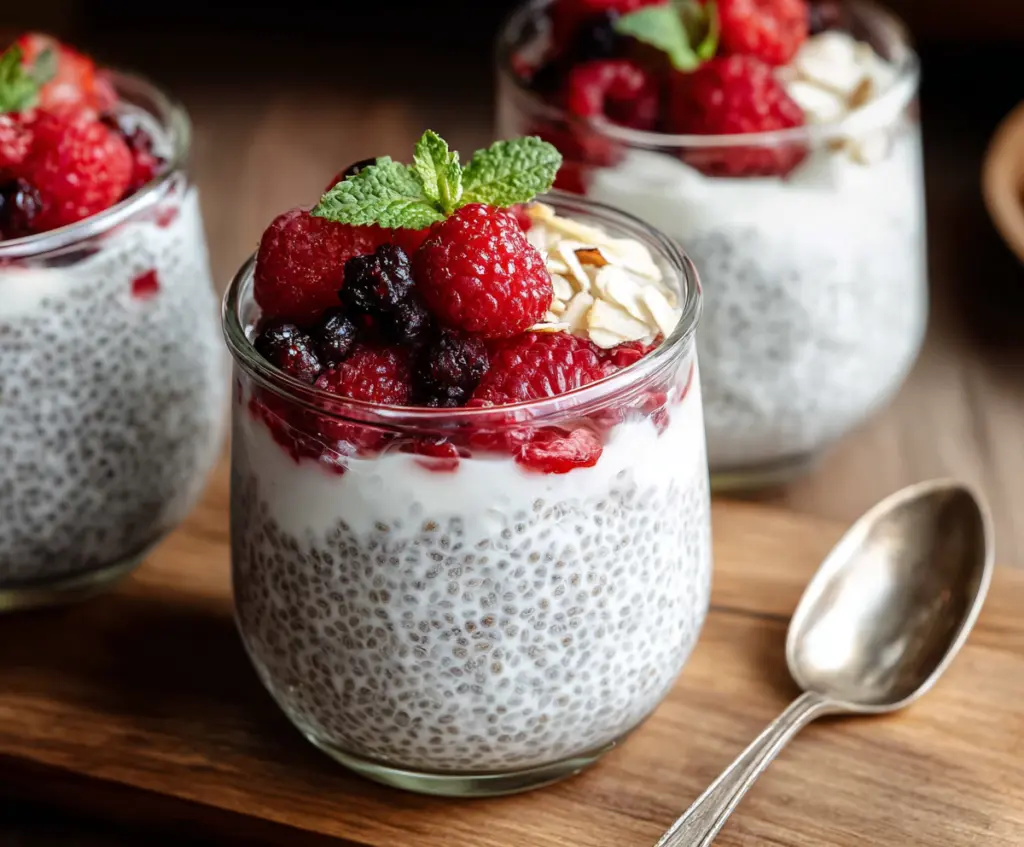 Creamy vanilla chia seed pudding topped with Greek yogurt and fresh fruit for a nutritious breakfast.