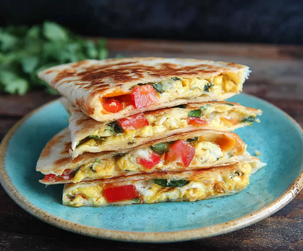 Delicious Veggie Breakfast Quesadilla filled with colorful vegetables and melted cheese.