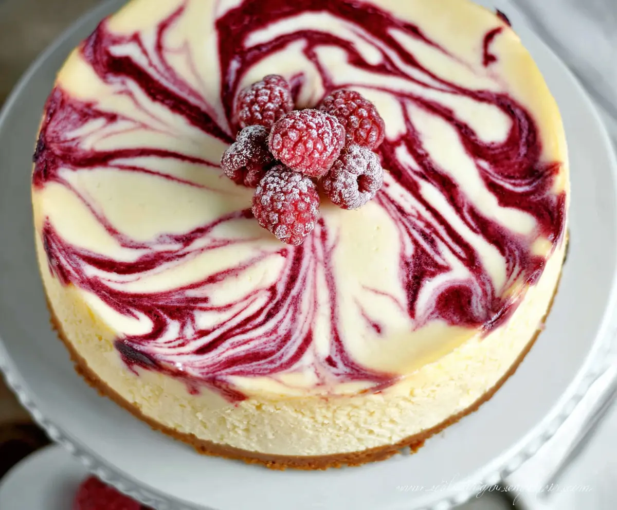 Delicious White Chocolate Raspberry Swirl Cheesecake with creamy white chocolate and vibrant raspberry swirl on a elegant plate.