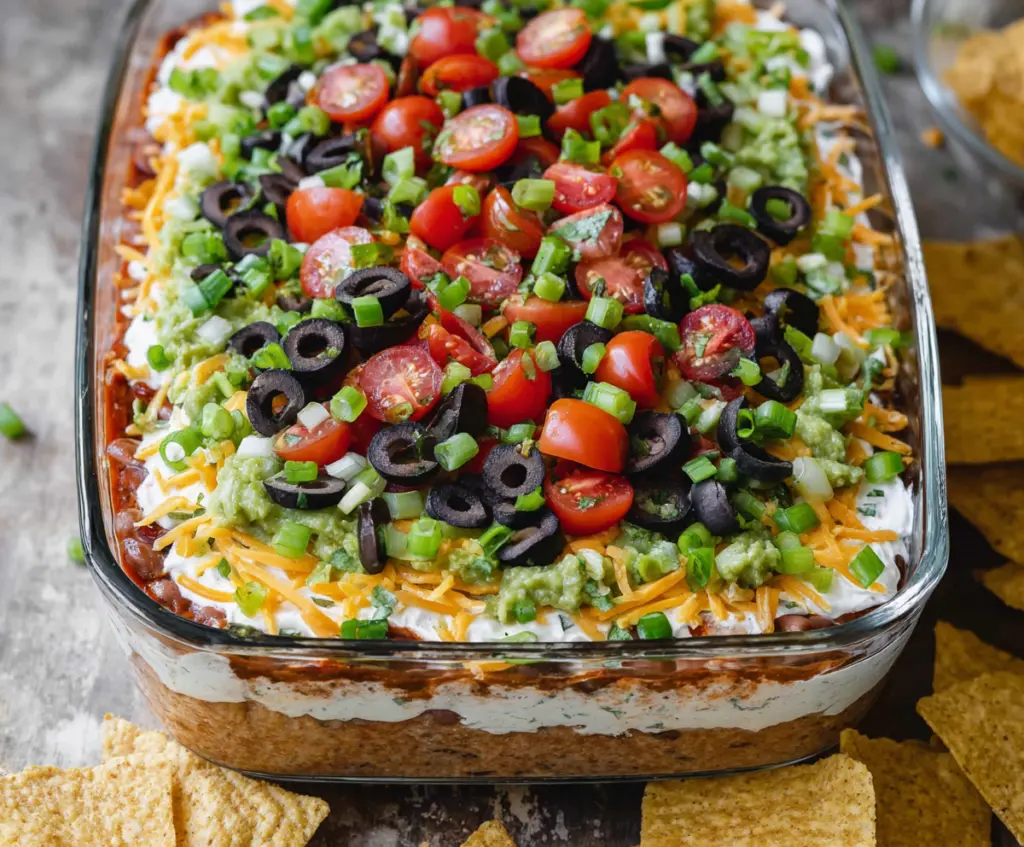 Delicious homemade 7 Layer Bean Dip with colorful ingredients including beans, cheese, guacamole, and salsa.