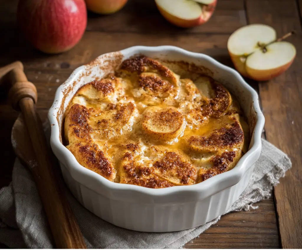 Delicious apple cinnamon cottage cheese bake served in a baking dish, perfect for healthy breakfast or dessert.