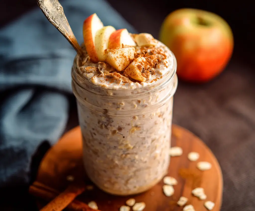 Delicious Apple Cinnamon Protein Overnight Oats in a glass jar with fresh apple slices and cinnamon on top.