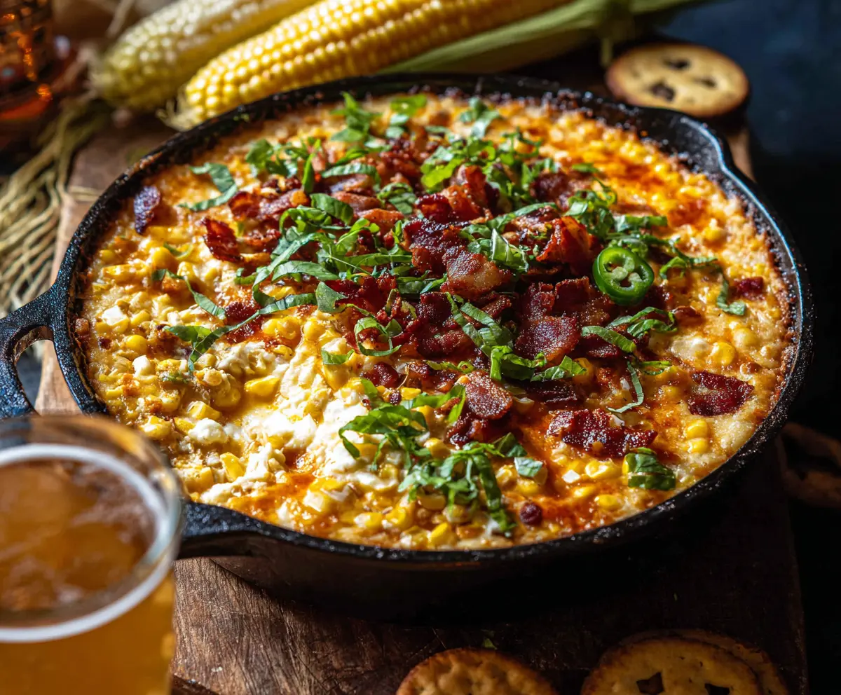Delicious Bacon Bliss Hot Corn Dip served in a bowl with crispy bacon bits on top.