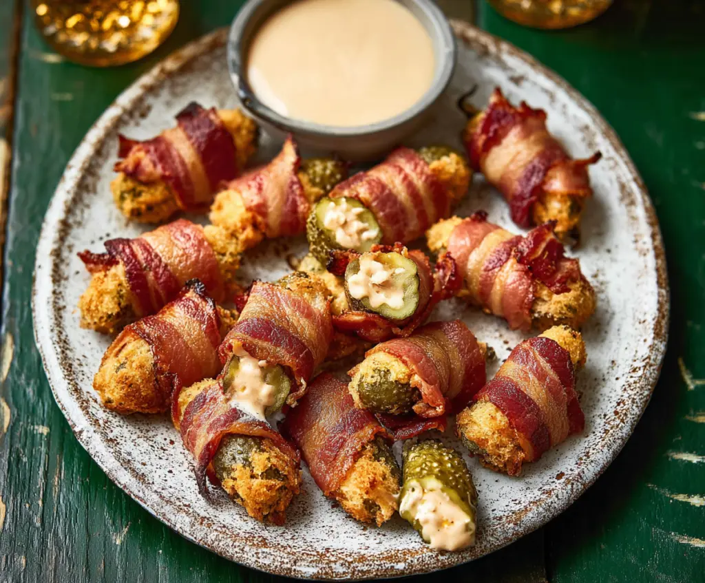 Delicious Bacon Pickle Poppers with crispy bacon and tangy pickles for party snack.