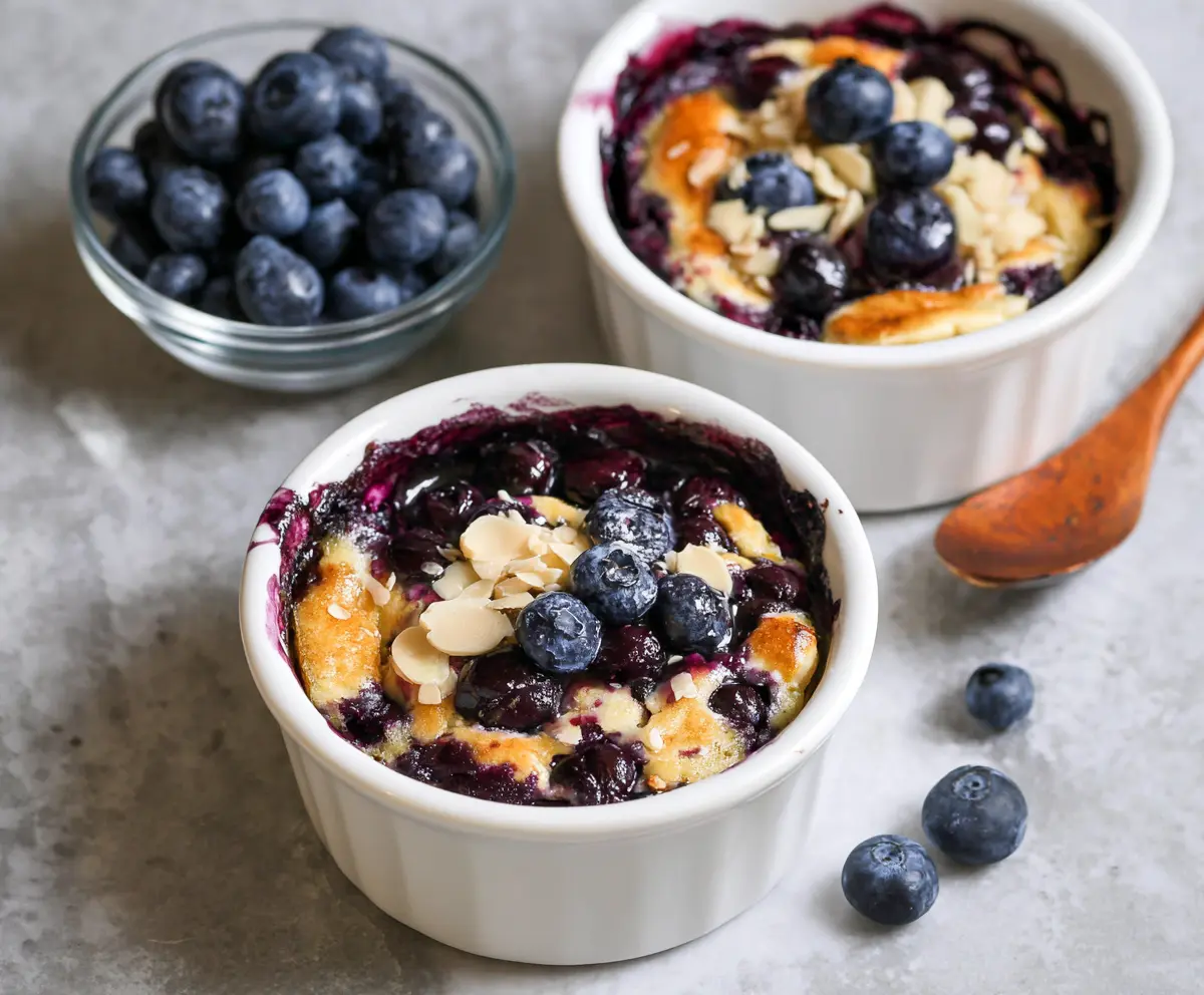 Healthy baked blueberry cottage cheese breakfast bowls served in a bowl with fresh blueberries and mint garnish.
